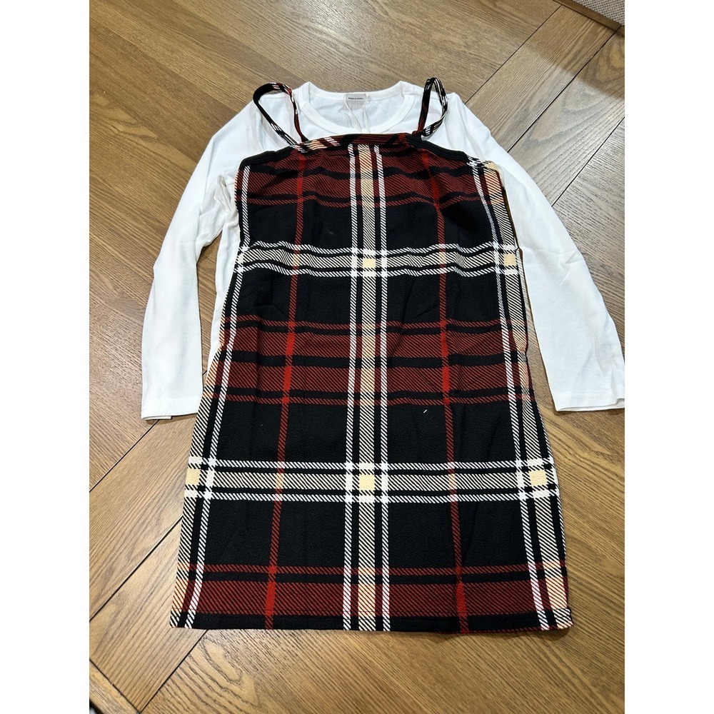 PatPat Girls Plaid Dress Set with Long Sleeve Top - Size 7-8 Years